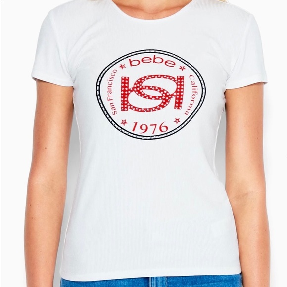 BEBE Logo Interlock Rib Tee, White/R, Large, NWT - Picture 1 of 5